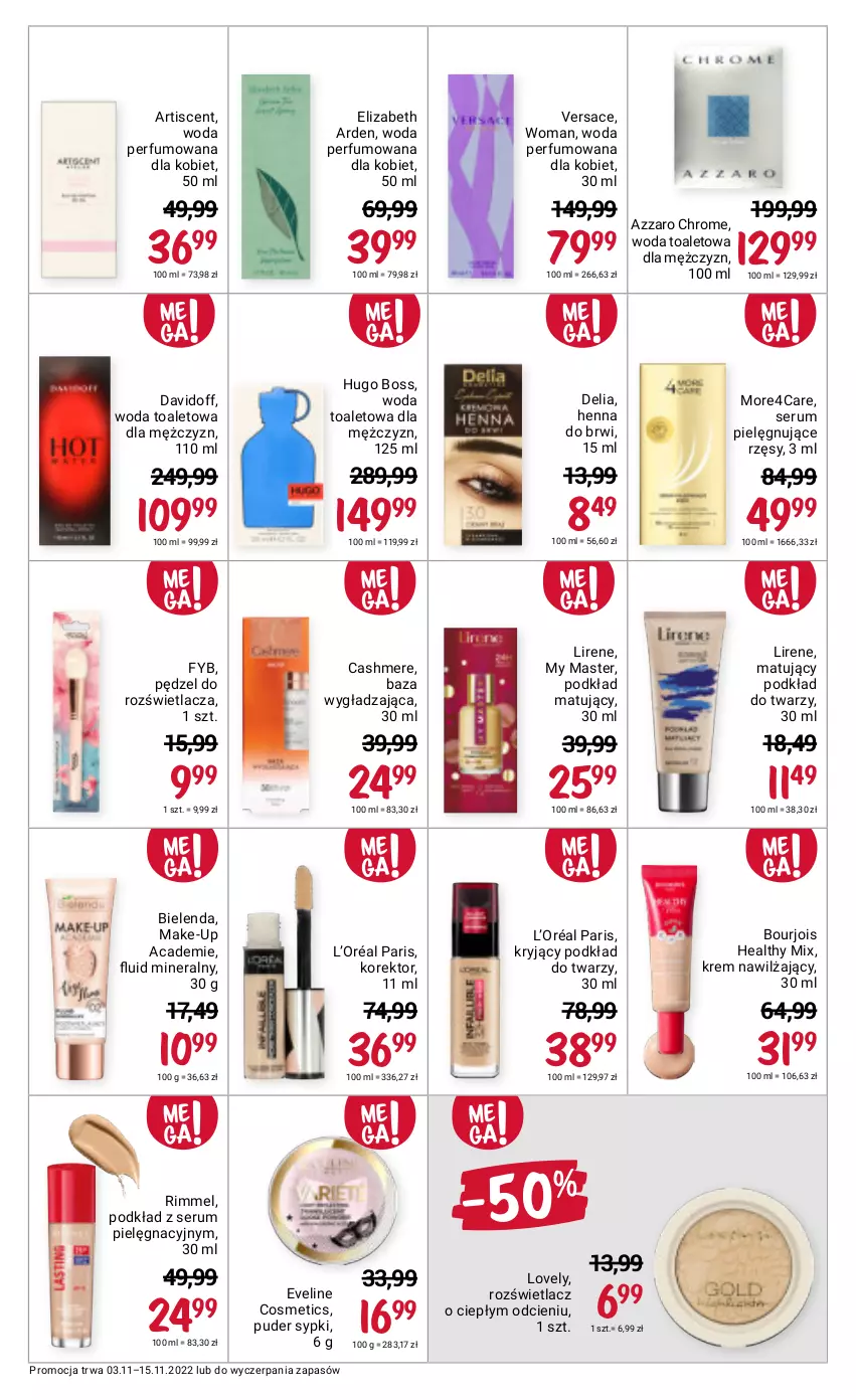 Gazetka promocyjna Rossmann - 3 listopada - ważna 03.11 do 15.11.2022 - strona 12 - produkty: Azzaro, Bielenda, Bourjois, Davidoff, Elizabeth Arden, Eveline, Hugo Boss, Krem nawilżający, L’Oréal, Lirene, Lovely, Perfum, Podkład, Podkład do twarzy, Podkład matujący, Puder, Rozświetlacz, Rum, Ser, Serum, Versace, Woda, Woda perfumowana, Woda toaletowa