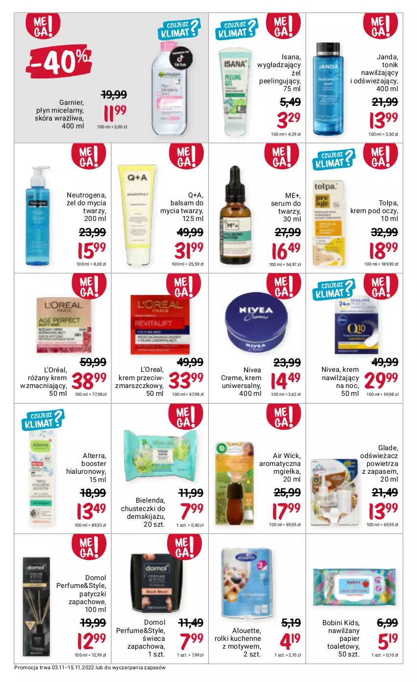 Gazetka promocyjna Rossmann - 3 listopada - ważna 03.11 do 15.11.2022 - strona 14 - produkty: Air Wick, Alouette, Alterra, Bielenda, Booster, Chusteczki, Domol, Garnier, Isana, Krem nawilżający, Krem pod oczy, Krem przeciwzmarszczkowy, Krem uniwersalny, L’Oréal, Makijaż, Mars, Nawilżany papier, Neutrogena, Nivea, Odświeżacz powietrza, Papier, Papier toaletowy, Peeling, Perfum, Płyn micelarny, Rolki, Rolki kuchenne, Róża, Rum, Ser, Serum, Serum do twarzy, Tołpa, Tonik