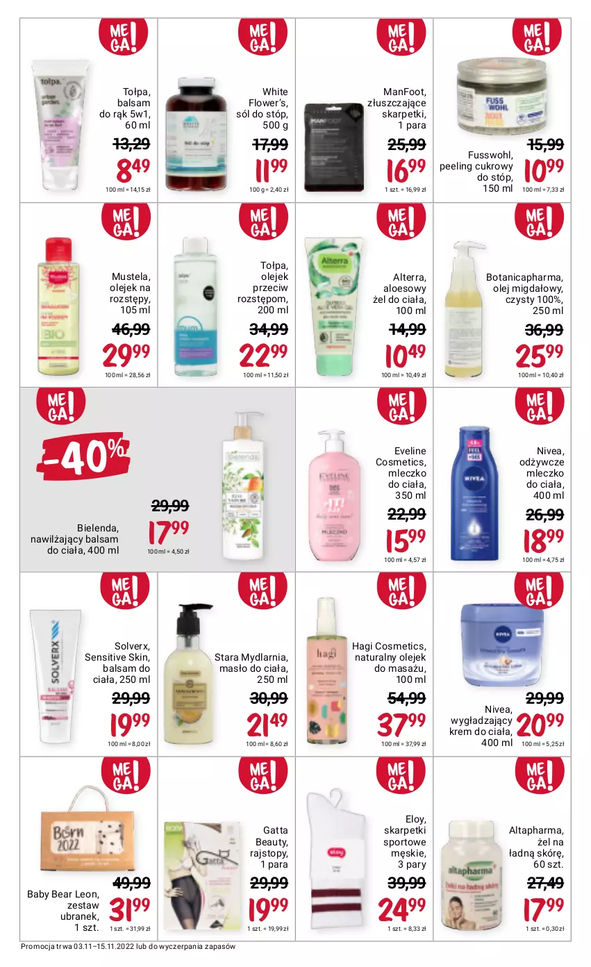 Gazetka promocyjna Rossmann - 3 listopada - ważna 03.11 do 15.11.2022 - strona 19 - produkty: Alterra, Balsam do ciała, Bielenda, Eveline, Gatta, Karp, Krem do ciała, Leon, Masło, Masło do ciała, Mleczko, Mleczko do ciała, Mus, Mustela, Nawilżający balsam, Nivea, Olej, Olejek przeciw rozstępom, Peeling, Por, Rajstopy, Skarpetki, Sól, Sport, Tołpa, Top