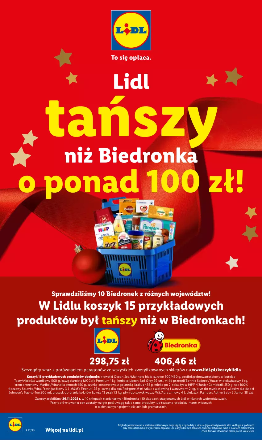 Gazetka promocyjna Lidl - GAZETKA - ważna 22.12 do 27.12.2025 - strona 2 - produkty: Aktiplus, Dron, Dzieci, Earl Grey, Gala, Gra, HiPP, Kosz, Krakus, Krem orzechowy, Krewetki, Lipton, Lovela, Miód, Mleko, Pampers, Pedigree, Płyn do mycia, Płyn do spryskiwaczy, Por, Proszek do prania, Rama, Ser, Sok, Top, Warzywa