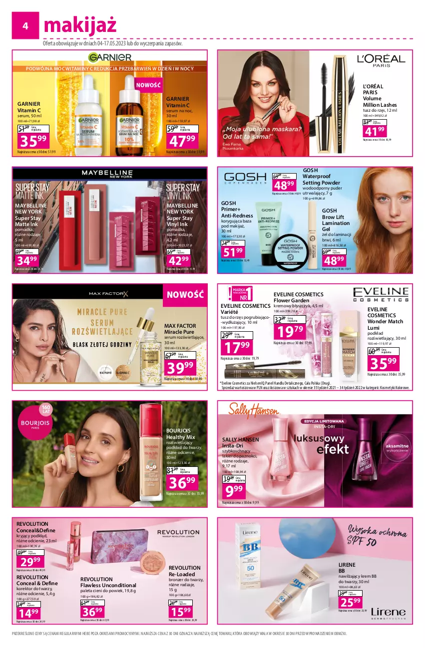 Gazetka promocyjna Hebe - Gazetka - ważna 04.05 do 17.05.2023 - strona 4 - produkty: Bell, Bourjois, Bronzer, Eveline, Fa, Garnier, Gosh, Korektor do twarzy, Krem bb, L’Oréal, Lakier, Lakier do paznokci, Lion, Lirene, Makijaż, Max Factor, Maybelline, Paleta, Podkład, Podkład do twarzy, Por, Puder, Pur, Rum, Sally Hansen, Ser, Serum, Tusz