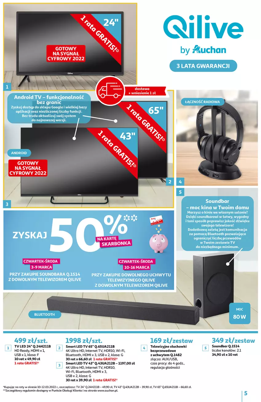 Gazetka promocyjna Auchan - Qilive by Auchan Hipermarkety - ważna 03.03 do 16.03.2022 - strona 5 - produkty: Gra, HD ready, LED TV, Słuchawki, Słuchawki bezprzewodowe, Soundbar