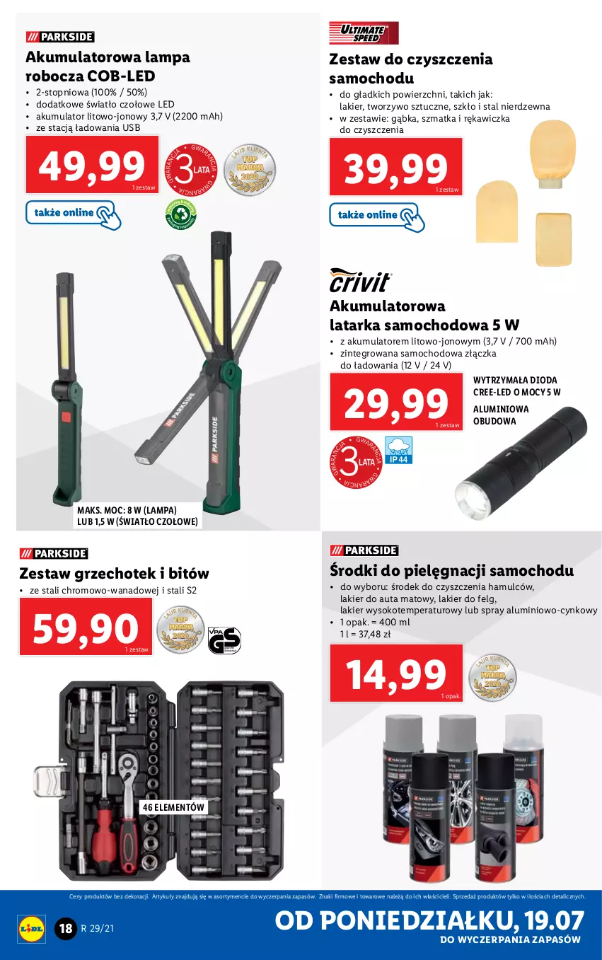 Gazetka promocyjna Lidl - GAZETKA - ważna 19.07 do 24.07.2021 - strona 18 - produkty: Akumulator, Cynk, Lakier, Lampa, Latarka, LG, Sok, Tarka, Top