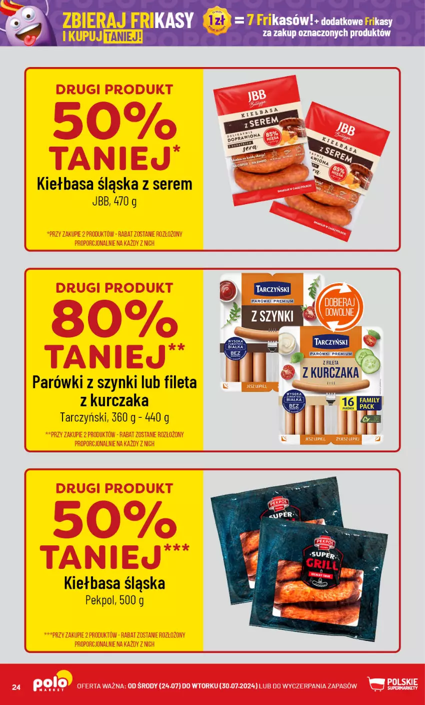 Gazetka promocyjna PoloMarket - Gazetka pomocyjna - ważna 24.07 do 30.07.2024 - strona 24 - produkty: Kiełbasa, Kiełbasa śląska, Kurczak, Parówki, Parówki z szynki, Pekpol, Ser, Tarczyński