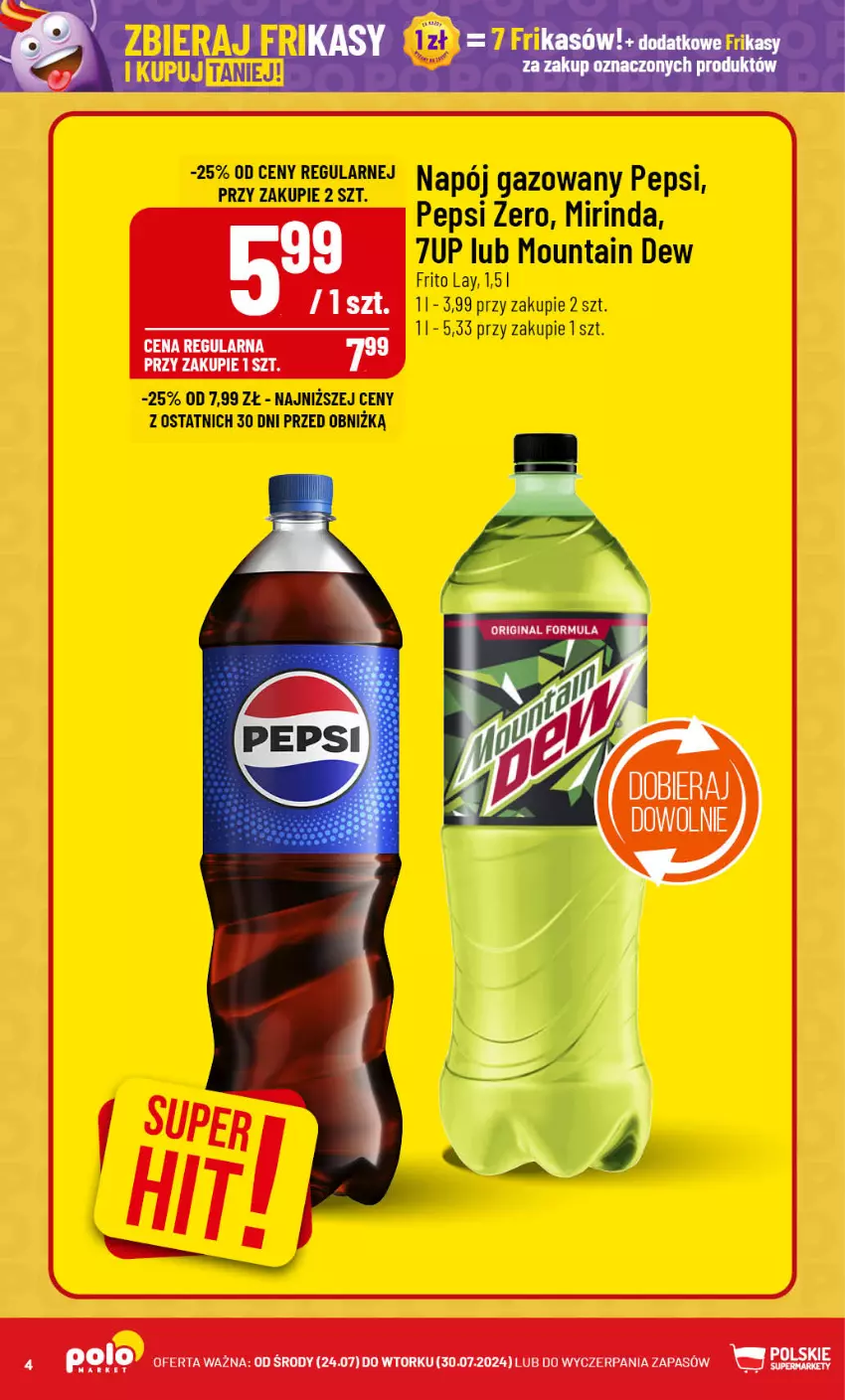 Gazetka promocyjna PoloMarket - Gazetka pomocyjna - ważna 24.07 do 30.07.2024 - strona 4 - produkty: 7up, Mirinda, Napój, Napój gazowany, Pepsi