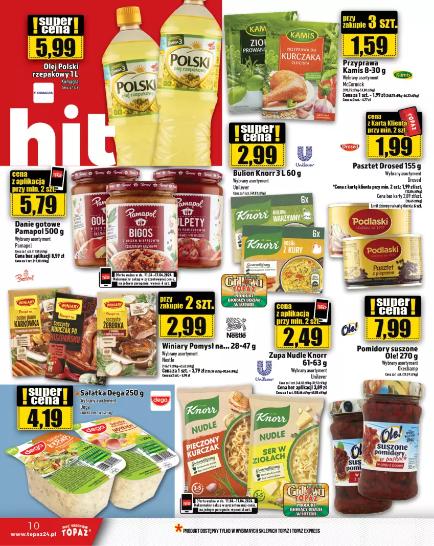 Gazetka promocyjna Topaz - Gazetka - ważna 11.04 do 17.04.2024 - strona 10 - produkty: Bulion, Danie gotowe, Dega, Gra, Kamis, Knorr, Lion, Ole!, Olej, Pasztet, Pomidory, Top, Winiary, Zupa