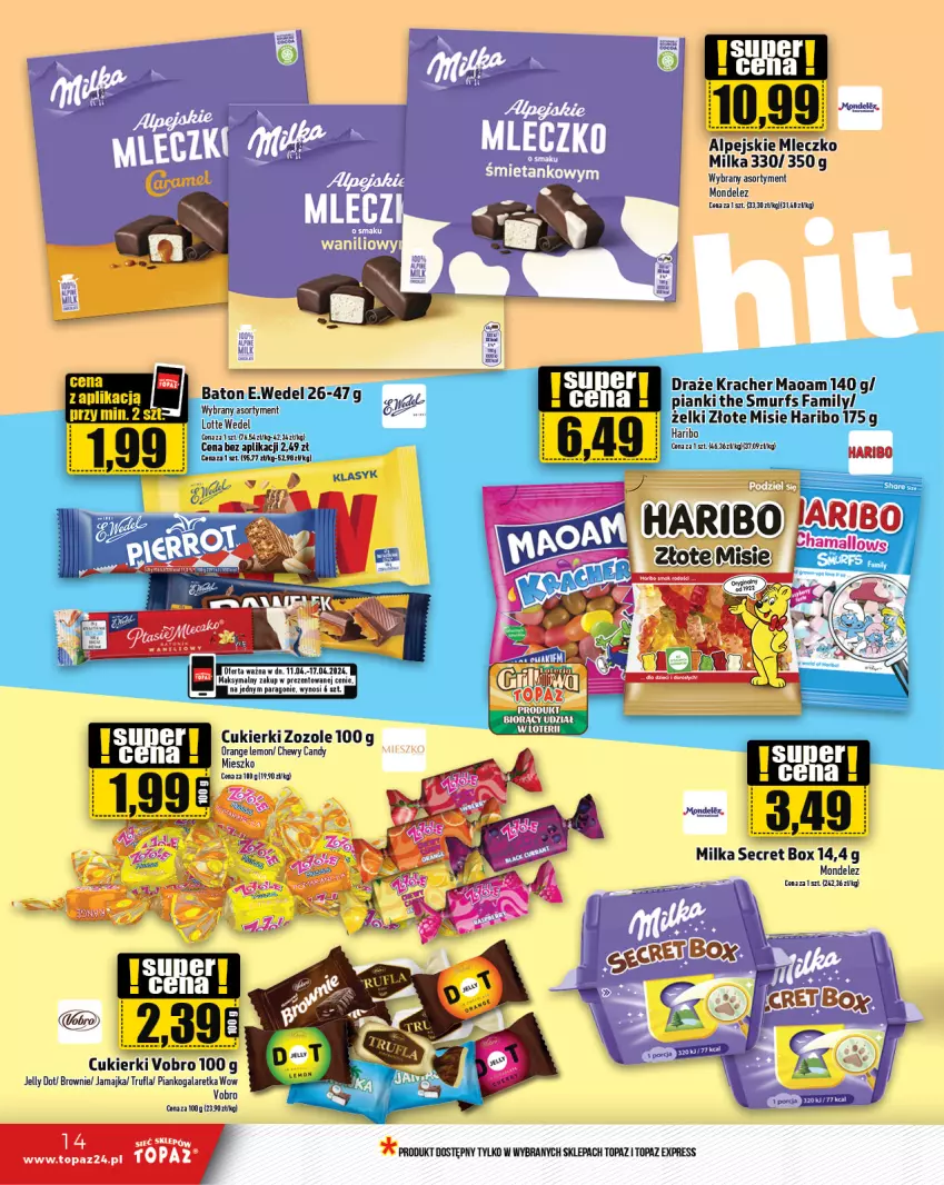 Gazetka promocyjna Topaz - Gazetka - ważna 11.04 do 17.04.2024 - strona 14 - produkty: Baton, Brownie, Candy, Cukier, Cukierki, Fa, Gala, Galaretka, Haribo, Milka, Mleczko, Top