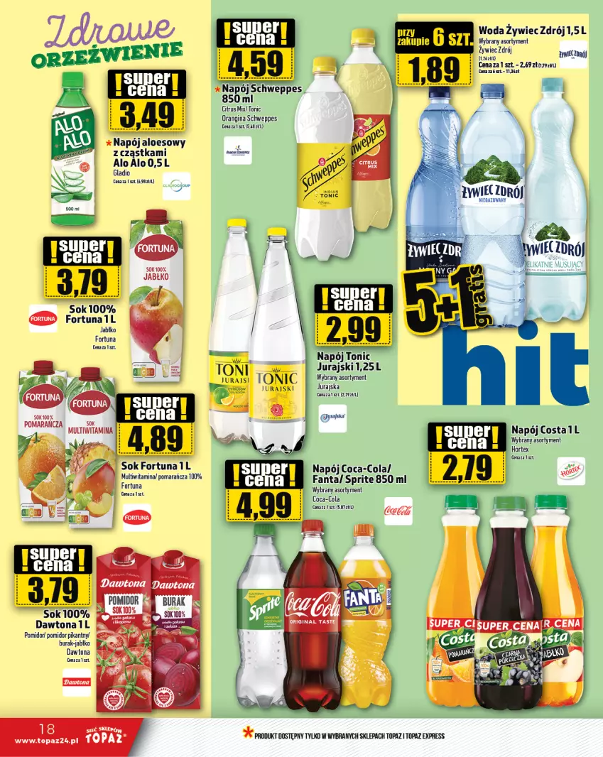 Gazetka promocyjna Topaz - Gazetka - ważna 11.04 do 17.04.2024 - strona 18 - produkty: Coca-Cola, Dawtona, Fa, Fanta, Fortuna, Gin, Hortex, Mus, Napój, Schweppes, Sok, Sprite, Taca, Top, Woda