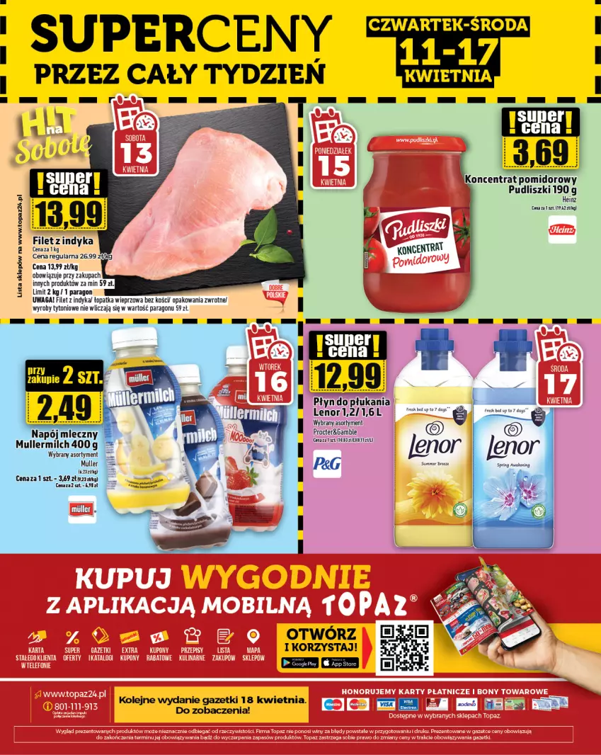 Gazetka promocyjna Topaz - Gazetka - ważna 11.04 do 17.04.2024 - strona 24 - produkty: Heinz, Koncentrat pomidorowy, Lenor, Napój, Napój mleczny, Olej, Płyn do płukania, Pudliszki, Waga