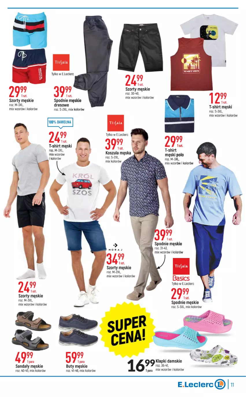 Gazetka promocyjna E Leclerc - ważna 04.05 do 14.05.2022 - strona 11 - produkty: Buty, Dres, Kosz, Koszula, Sandał, Spodnie, Szorty, T-shirt, Wełna