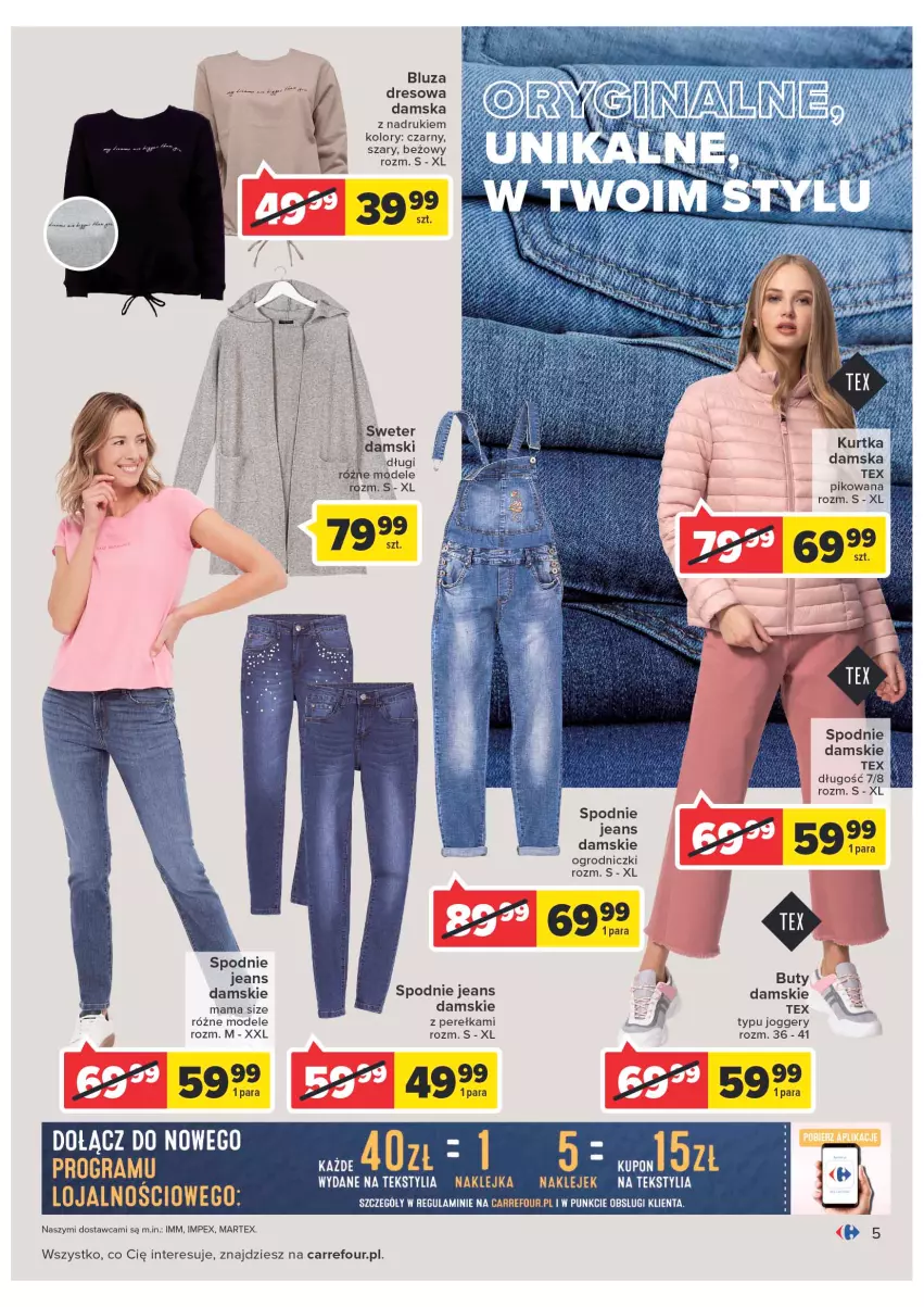 Gazetka promocyjna Carrefour - Gazetka Carrefour - ważna 08.02 do 28.02.2022 - strona 5 - produkty: Bluza, Bluza dresowa, Buty, Dres, Klej, Spodnie, Spodnie jeans, Sweter