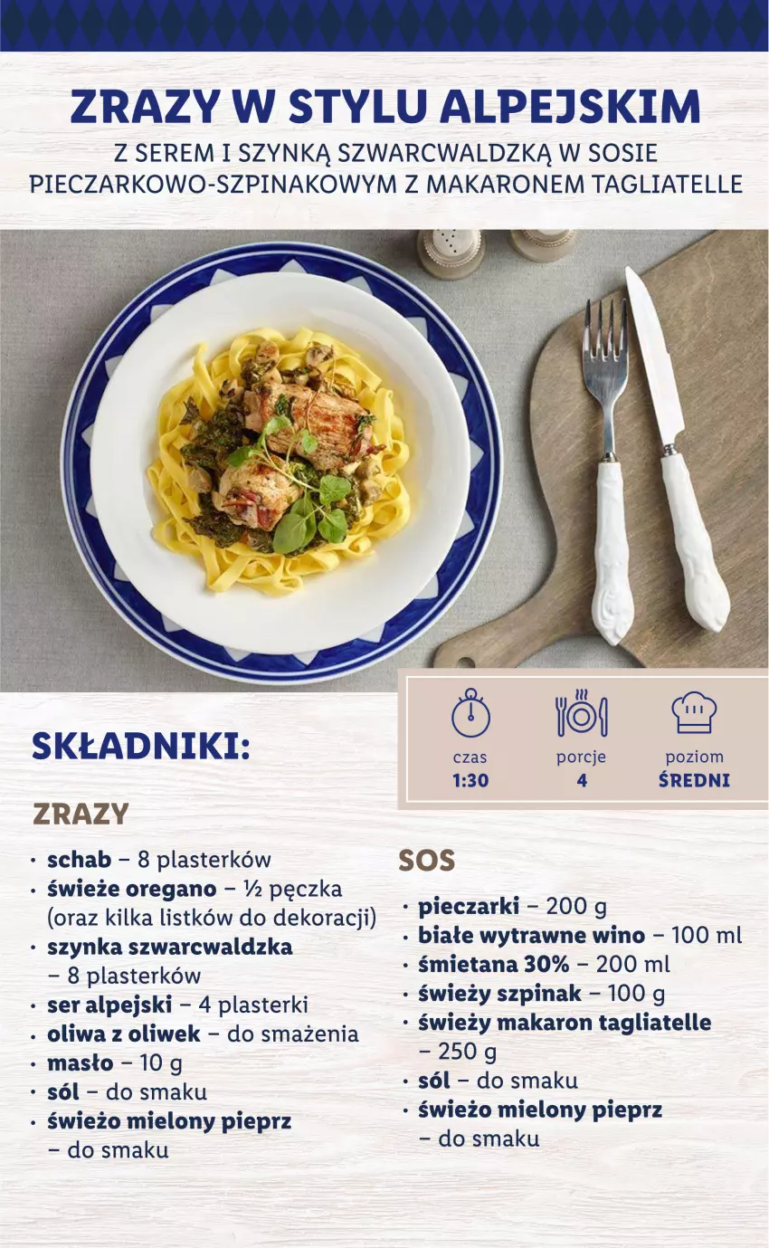 Gazetka promocyjna Lidl - TYDZIEŃ W STYLU ALPEJSKIM - ważna 19.07 do 23.07.2021 - strona 4 - produkty: Makaron, Masło, Oliwa z oliwek, Piec, Pieprz, Plasterki, Ser, Sól, Sos, Szpinak, Szynka, Tagliatelle, Wino