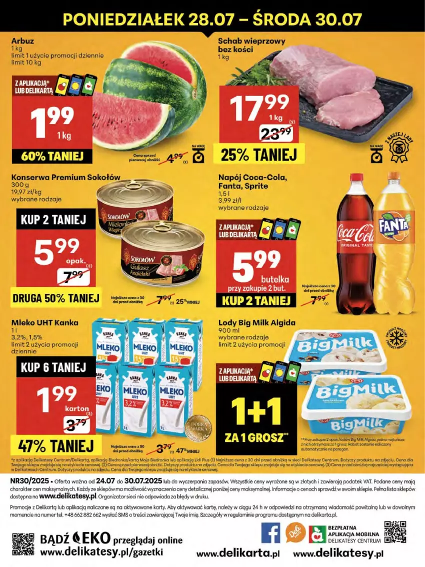 Gazetka promocyjna Delikatesy Centrum - Franczyza DC30 Czwartek - ważna 24.07 do 30.07.2025 - strona 52 - produkty: Algida, Arbuz, Big Milk, Coca-Cola, Dell, Dron, Fa, Fanta, Gra, LG, Lody, Mleko, Mobil, Napój, Por, Rum, Schab wieprzowy, Ser, Sok, Sokołów, Sprite
