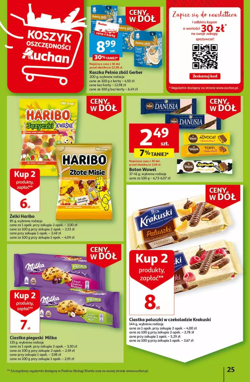 Gazetka promocyjna Auchan - Gazetka Ceny w dół Część 2 Hipermarket Auchan - ważna 11.01 do 17.01.2024 - strona 25 - produkty: Baton, Ciastka, Gerber, Haribo, Krakus, Krakuski, Milka, Wawel