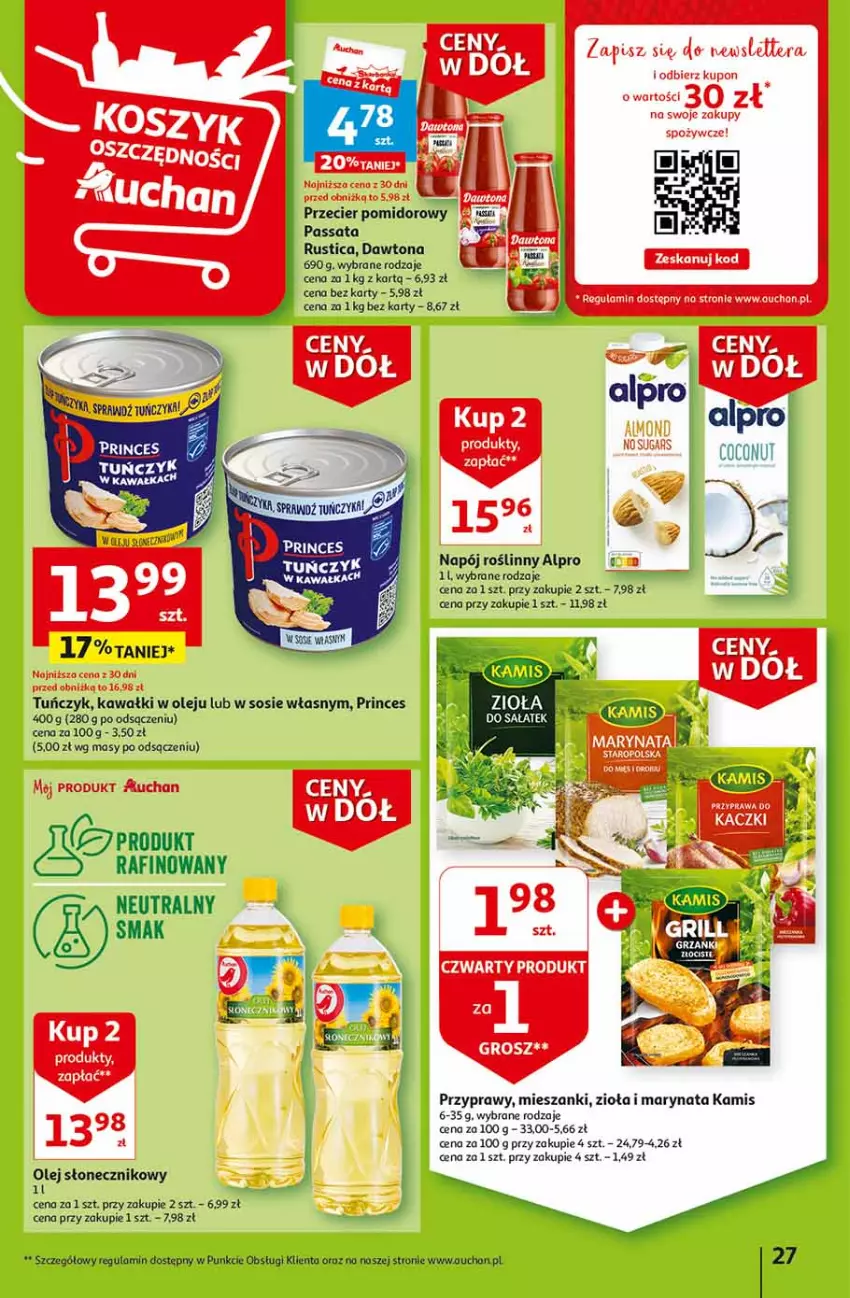 Gazetka promocyjna Auchan - Gazetka Ceny w dół Część 2 Hipermarket Auchan - ważna 11.01 do 17.01.2024 - strona 27 - produkty: Alpro, Dawtona, Kamis, Kawa, Olej, Pizza, Przyprawy, Rust, Sos, Tuńczyk