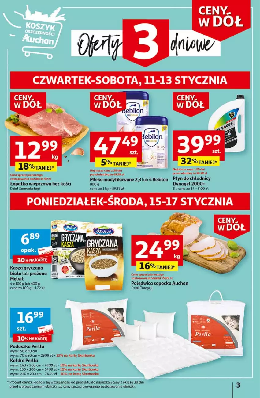 Gazetka promocyjna Auchan - Gazetka Ceny w dół Część 2 Hipermarket Auchan - ważna 11.01 do 17.01.2024 - strona 3 - produkty: BEBILON, Gry, Kasza, Kasza gryczana, Kołdra, LANA, Melvit, Mleko, Mleko modyfikowane, Płyn do chłodnic, Poduszka, Polędwica