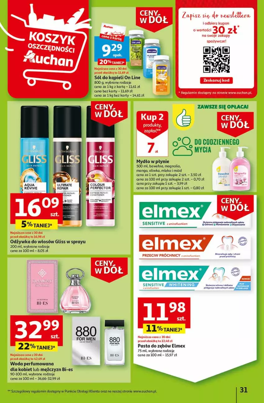 Gazetka promocyjna Auchan - Gazetka Ceny w dół Część 2 Hipermarket Auchan - ważna 11.01 do 17.01.2024 - strona 31 - produkty: Elmex, Mango, Miód, Mleko, Mydło, Mydło w płynie, Odżywka, Pasta do zębów, Perfum, Por, Sól, Sól do kąpieli, Woda, Woda perfumowana