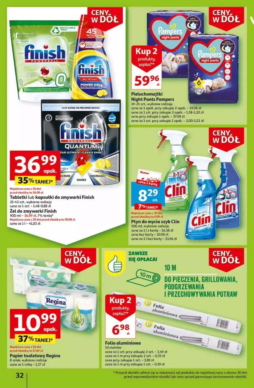 Gazetka promocyjna Auchan - Gazetka Ceny w dół Część 2 Hipermarket Auchan - ważna 11.01 do 17.01.2024 - strona 32 - produkty: Clin, Finish, Folia aluminiowa, Gin, Grill, Majtki, Pampers, Papier, Papier toaletowy, Piec, Pieluchomajtki, Płyn do mycia, Tablet, Zmywarki