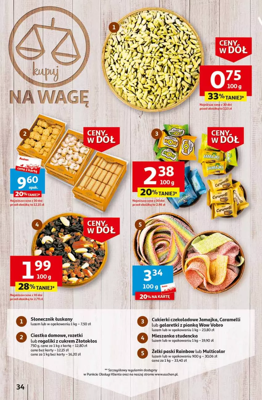 Gazetka promocyjna Auchan - Gazetka Ceny w dół Część 2 Hipermarket Auchan - ważna 11.01 do 17.01.2024 - strona 34 - produkty: Ciastka, Cukier, Cukierki, Cukierki czekoladowe, Gala, Galaretki, Mieszanka studencka, Rogal