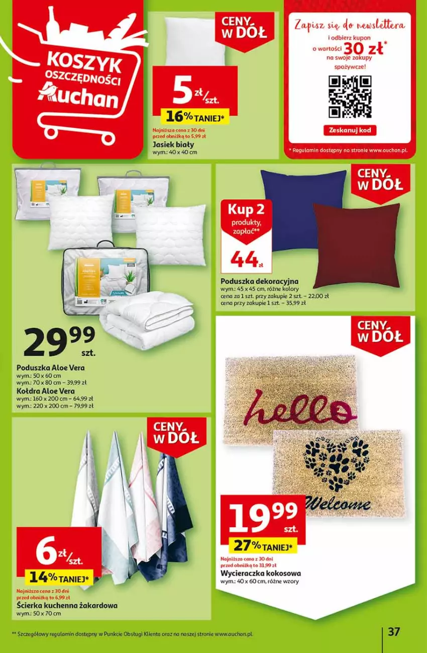 Gazetka promocyjna Auchan - Gazetka Ceny w dół Część 2 Hipermarket Auchan - ważna 11.01 do 17.01.2024 - strona 37 - produkty: Aloe vera, Kokos, Kołdra, Poduszka, Poduszka dekoracyjna, Wycieraczka