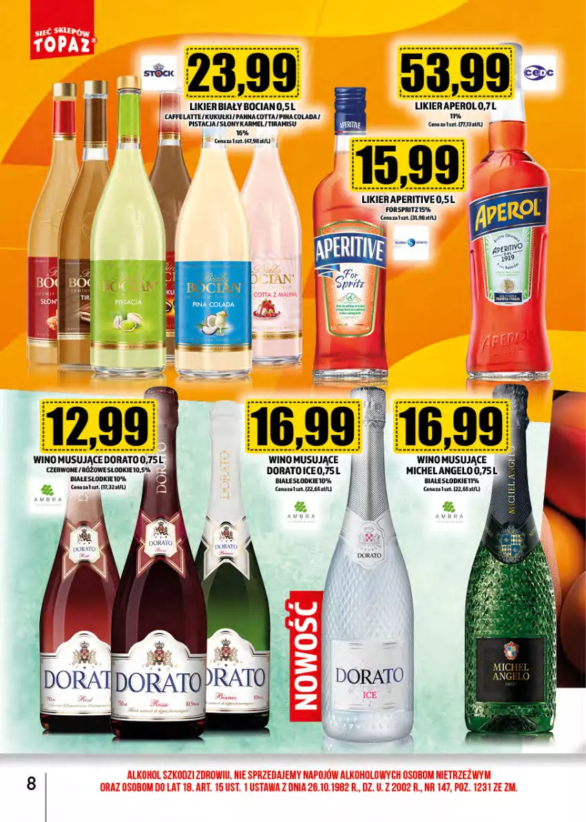 Gazetka promocyjna Topaz - Gazetka - ważna 01.10 do 31.10.2024 - strona 8 - produkty: Aperol, Biały Bocian, Likier, Mus, Panna cotta, Wino, Wino musujące