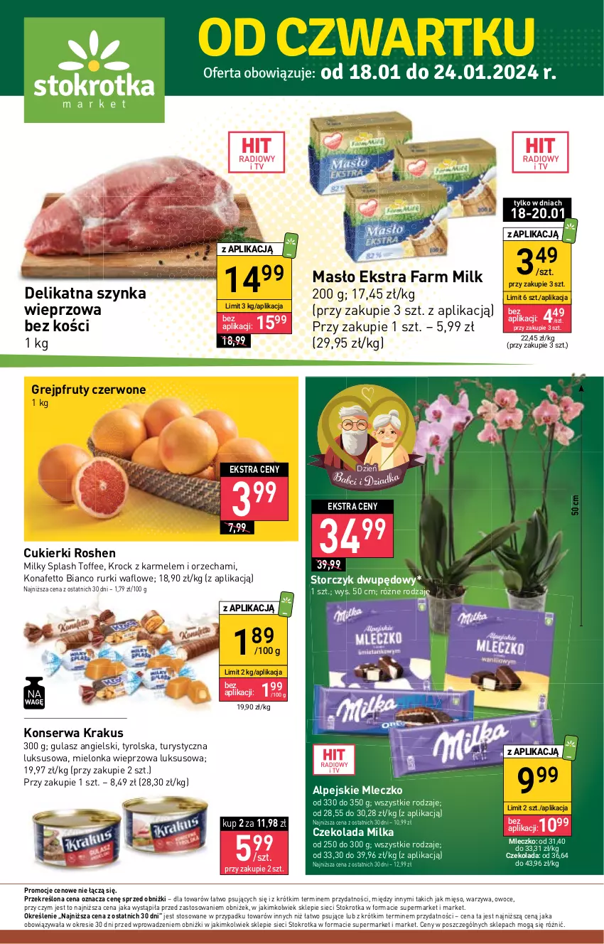 Gazetka promocyjna Stokrotka - Market - ważna 18.01 do 24.01.2024 - strona 1 - produkty: Cukier, Cukierki, Czekolada, Fa, Farm Milk, Grejpfrut, Krakus, Masło, Mięso, Milka, Mleczko, Owoce, Rurki, Ser, Storczyk, Szynka, Szynka wieprzowa, Warzywa