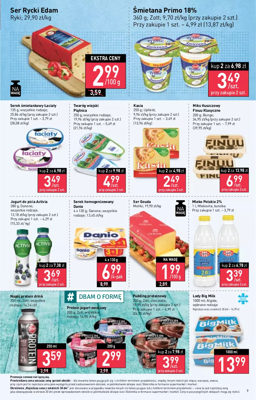 Gazetka promocyjna Stokrotka - Market - ważna 18.01 do 24.01.2024 - strona 10 - produkty: Activia, Algida, Big Milk, Danio, Danone, Edam, Finuu, Gouda, Jogurt, Jogurt owocowy, Kasia, LG, Lody, Mięso, Miks tłuszczowy, Mleko, Mlekovita, Napój, Owoce, Piątnica, Pudding, Rycki Edam, Ser, Serek, Serek homogenizowany, Twaróg, Warzywa, Zott