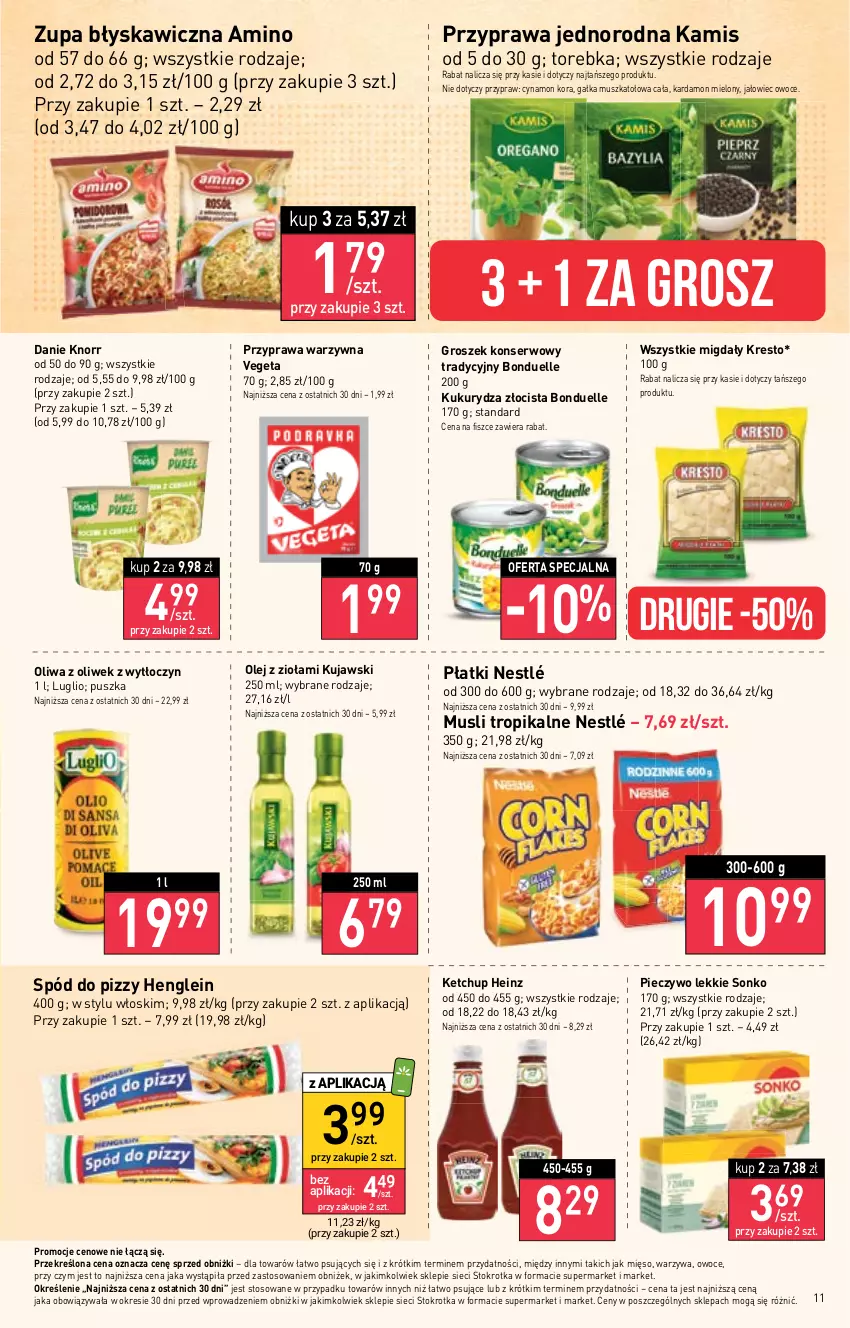 Gazetka promocyjna Stokrotka - Market - ważna 18.01 do 24.01.2024 - strona 12 - produkty: Bonduelle, Gałka, Groszek, Heinz, Kamis, Ketchup, Knorr, Kujawski, Kukurydza, Mięso, Migdały, Mus, Nestlé, Olej, Oliwa z oliwek, Owoce, Piec, Pieczywo, Ser, Sonko, Spód do pizzy, Torebka, Vegeta, Warzywa, Zupa