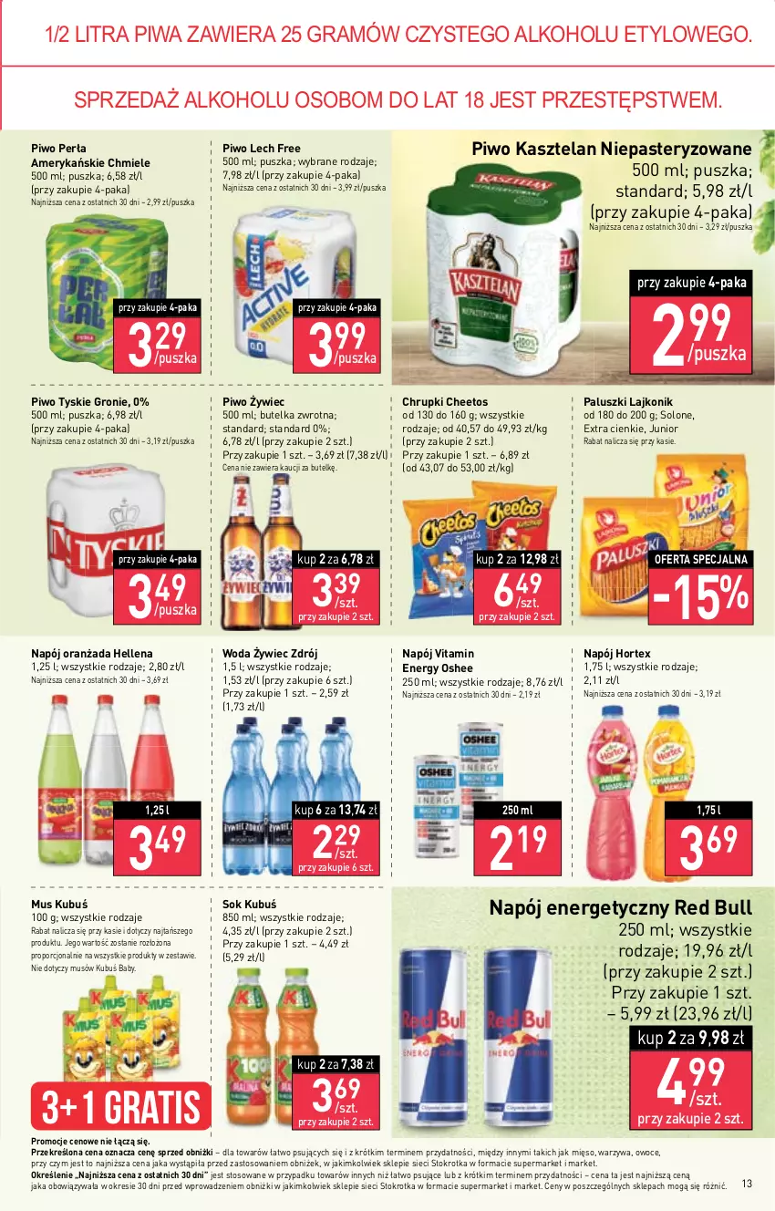 Gazetka promocyjna Stokrotka - Market - ważna 18.01 do 24.01.2024 - strona 14 - produkty: Cheetos, Chrupki, Gra, Hellena, Hortex, Kasztelan, Kubuś, Lajkonik, Mięso, Mus, Napój, Napój energetyczny, Oranżada, Oshee, Owoce, Perła, Piwa, Piwo, Por, Red Bull, Sok, Tyskie, Warzywa, Woda