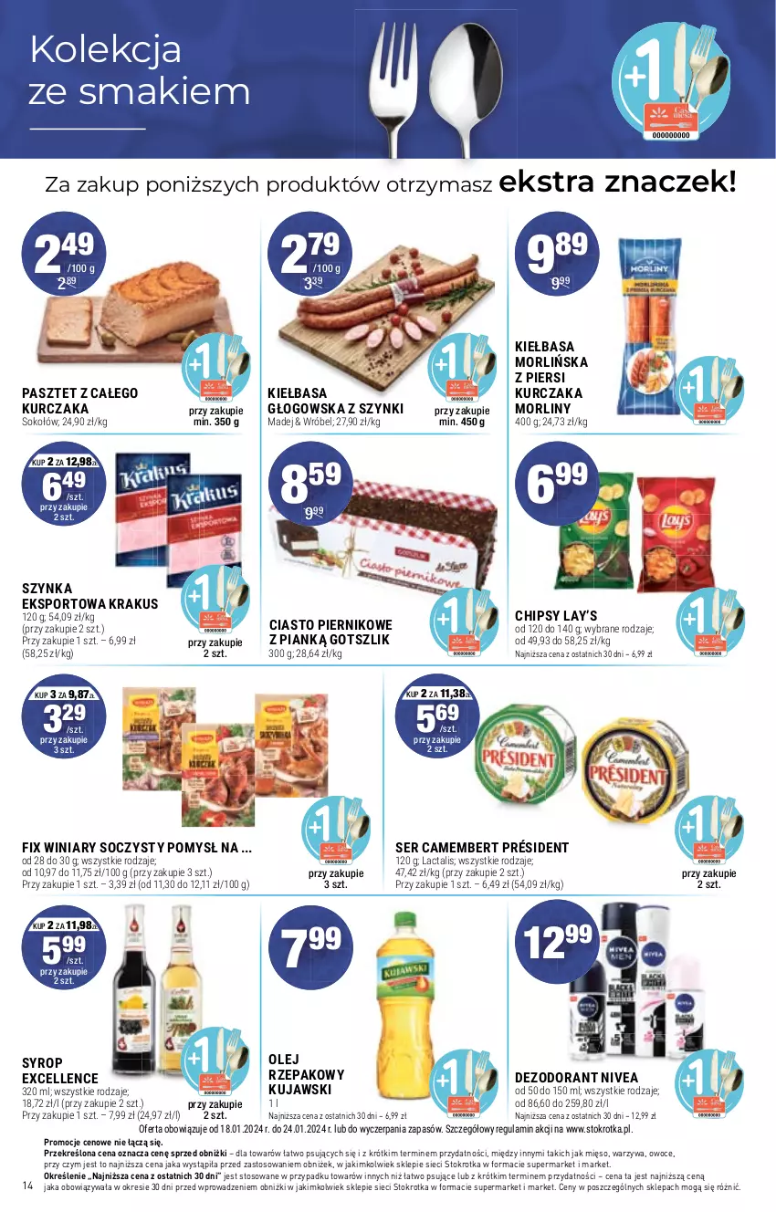 Gazetka promocyjna Stokrotka - Market - ważna 18.01 do 24.01.2024 - strona 15 - produkty: Camembert, Chipsy, Dezodorant, Kiełbasa, Kiełbasa głogowska, Krakus, Kujawski, Kurczak, Lay’s, Mięso, Morliny, Nivea, Olej, Olej rzepakowy, Owoce, Pasztet, Piernik, Por, Président, Ser, Sok, Sokołów, Sport, Syrop, Szynka, Warzywa, Winiary