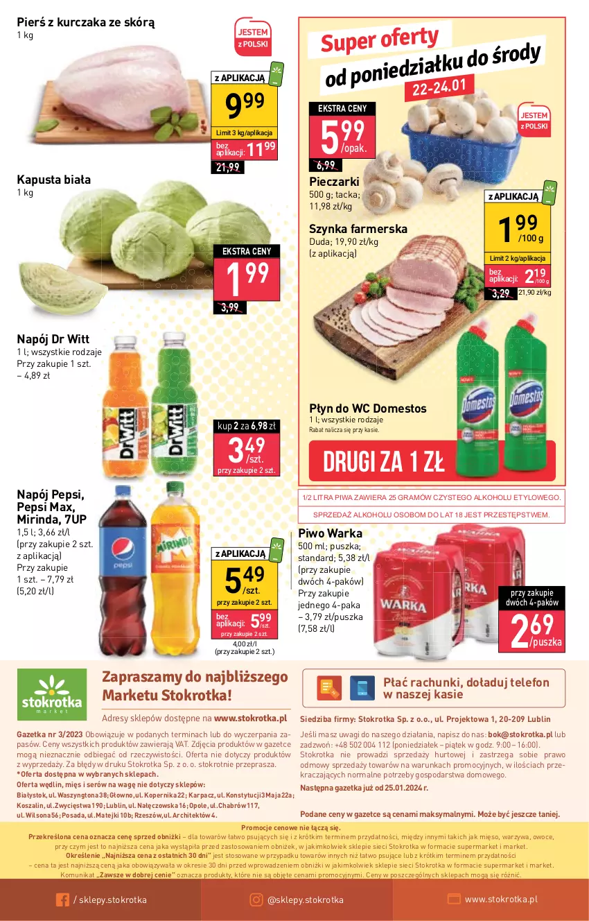 Gazetka promocyjna Stokrotka - Market - ważna 18.01 do 24.01.2024 - strona 18 - produkty: 7up, Domestos, Dres, Duda, Fa, Gra, JBL, Karp, Kosz, Kurczak, Mięso, Mirinda, Napój, O nas, Owoce, Pepsi, Pepsi max, Piec, Piwa, Piwo, Płyn do wc, Ser, Szal, Szynka, Szynka farmerska, Telefon, Wagi, Warka, Warzywa, Wilson