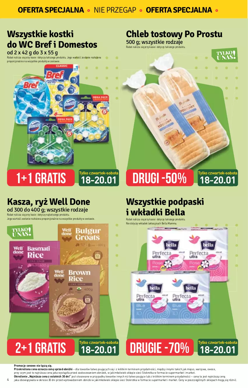 Gazetka promocyjna Stokrotka - Market - ważna 18.01 do 24.01.2024 - strona 4 - produkty: Bell, Bella, Bref, Chleb, Chleb tostowy, Domestos, Gra, Kasza, Mięso, Owoce, Podpaski, Por, Ryż, Warzywa, Wkładki