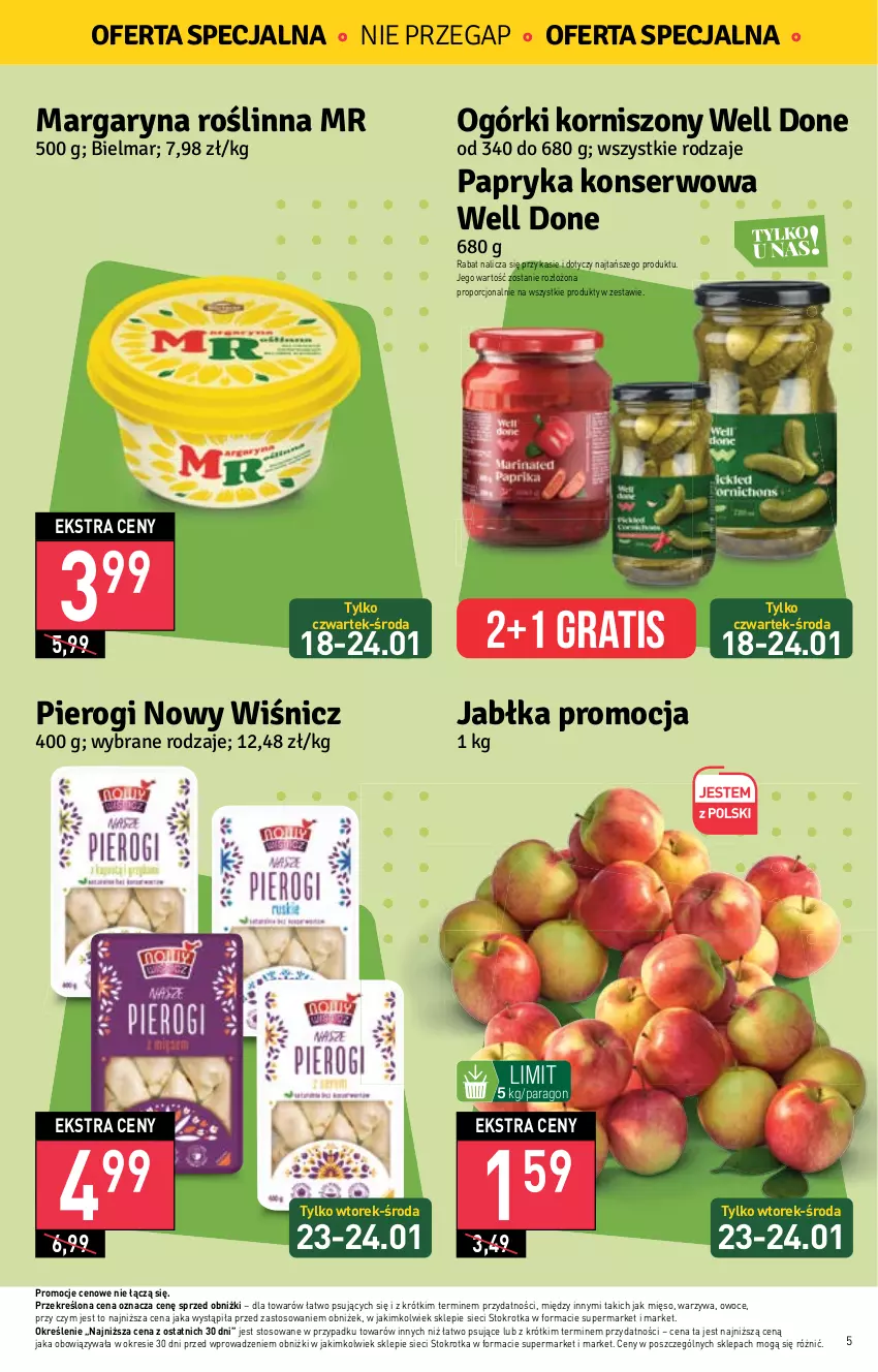 Gazetka promocyjna Stokrotka - Market - ważna 18.01 do 24.01.2024 - strona 5 - produkty: Gra, Jabłka, Korniszony, Margaryna, Mięso, Owoce, Papryka, Pierogi, Por, Ser, Warzywa