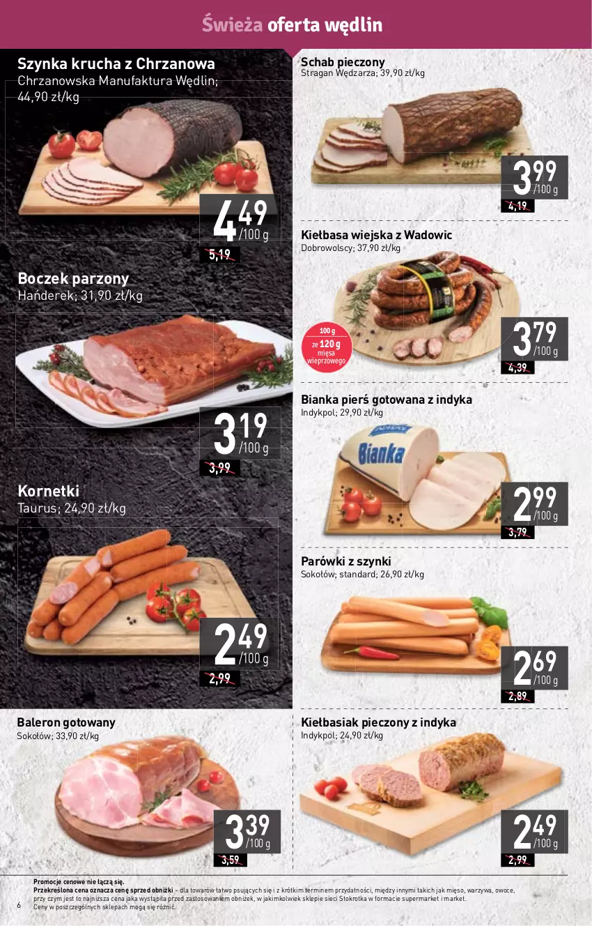 Gazetka promocyjna Stokrotka - Market - ważna 18.01 do 24.01.2024 - strona 6 - produkty: Basia, Bianka, Boczek, Chrzan, Fa, Kiełbasa, Kiełbasa wiejska, Mięso, Owoce, Parówki, Parówki z szynki, Piec, Schab pieczony, Sok, Sokołów, Szynka, Warzywa