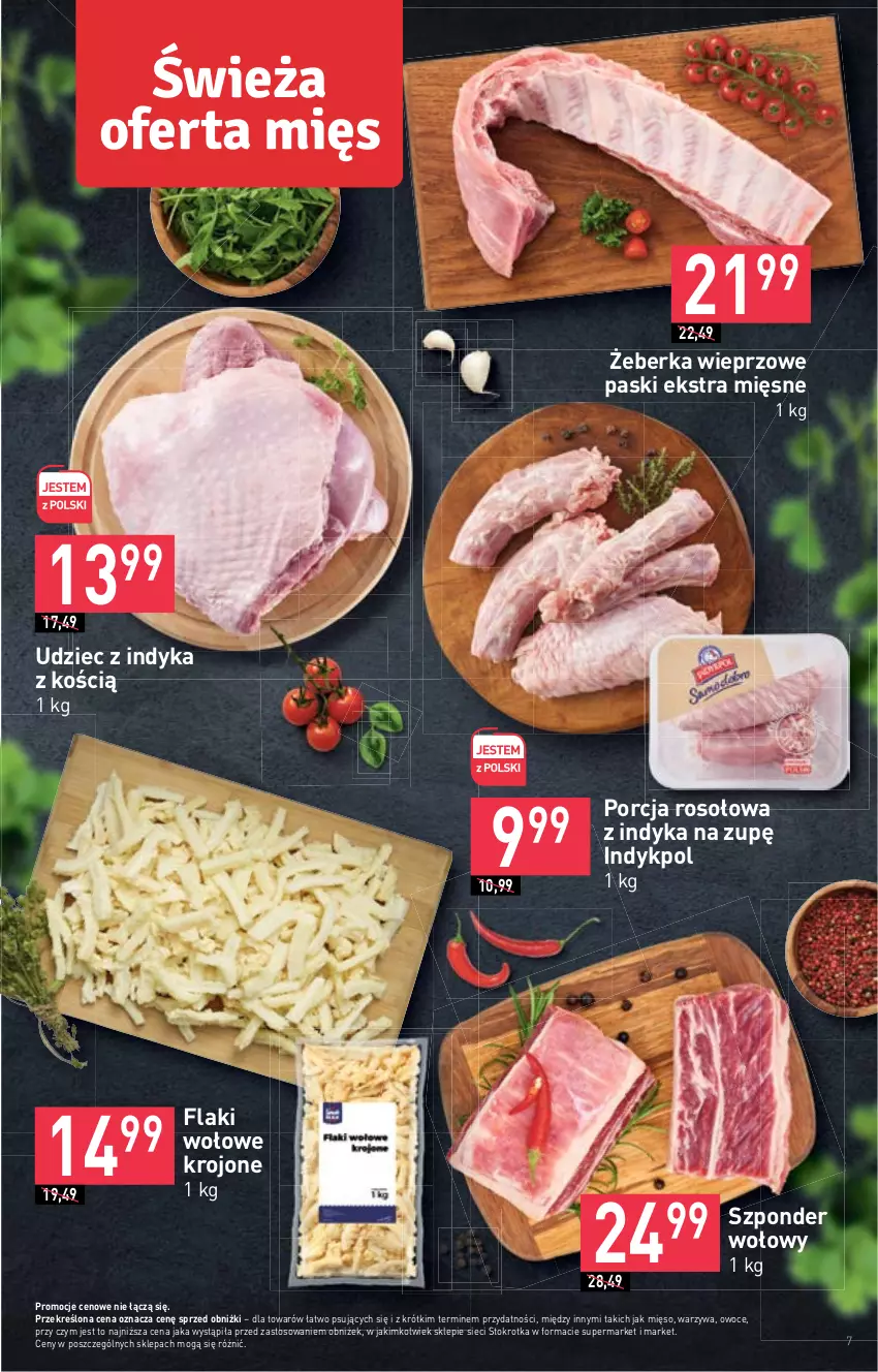 Gazetka promocyjna Stokrotka - Market - ważna 18.01 do 24.01.2024 - strona 7 - produkty: Flaki, Flaki wołowe, Mięso, Owoce, Por, Szponder wołowy, Udziec z indyka, Warzywa