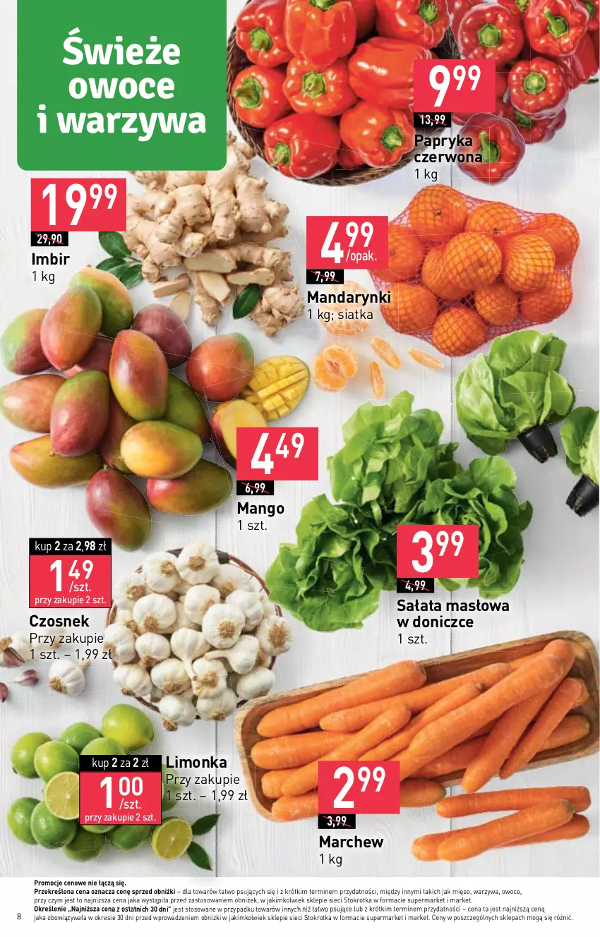 Gazetka promocyjna Stokrotka - Market - ważna 18.01 do 24.01.2024 - strona 9 - produkty: Czosnek, Imbir, Limonka, Mandarynki, Mango, Masło, Mięso, Owoce, Papryka, Papryka czerwona, Sałat, Sałata masłowa, Siatka, Warzywa