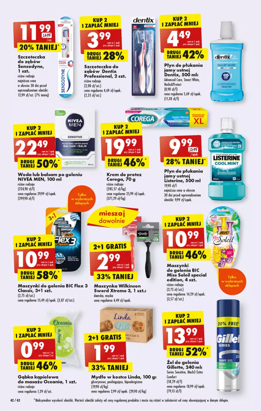 Gazetka promocyjna Biedronka - Od poniedzialku - ważna 17.07 do 22.07.2023 - strona 42 - produkty: Advanced Care, Balsam po goleniu, BIC, Corega, Fa, Gillette, Gra, Listerine, Mach3, Maszynka, Mydło, Nivea, Nivea Men, Peeling, Płyn do płukania, Płyn do płukania jamy ustnej, Sensodyne, Ser, Sok, Szczoteczka, Szynka, Top, Woda