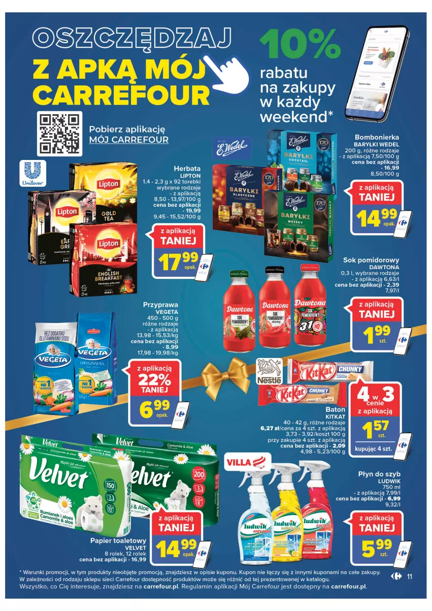 Gazetka promocyjna Carrefour - Gazetke Carrefour - ważna 12.12 do 18.12.2022 - strona 11 - produkty: Baryłki, Dawtona, Kosz, LG, Lipton, Ludwik, Papier, Papier toaletowy, Płyn do szyb, Por, Sok, Vegeta, Velvet, Wibo