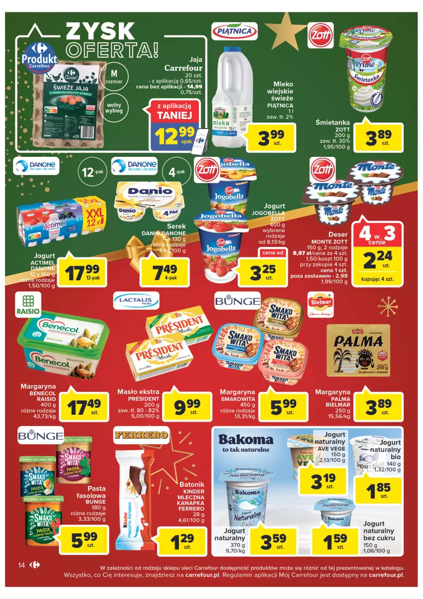 Gazetka promocyjna Carrefour - Gazetke Carrefour - ważna 12.12 do 18.12.2022 - strona 14 - produkty: Bakoma, Danone, Jogurt, Jogurt naturalny, Margaryna, Mleko, Palma, Piec