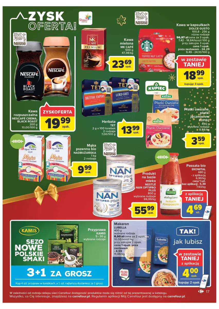 Gazetka promocyjna Carrefour - Gazetke Carrefour - ważna 12.12 do 18.12.2022 - strona 17 - produkty: Bell, Bella, Herbata, Kamis, Kawa, Kosz, Lack, Lubella, Mąka, Makaron, NAN Optipro, Płatki owsiane, Por