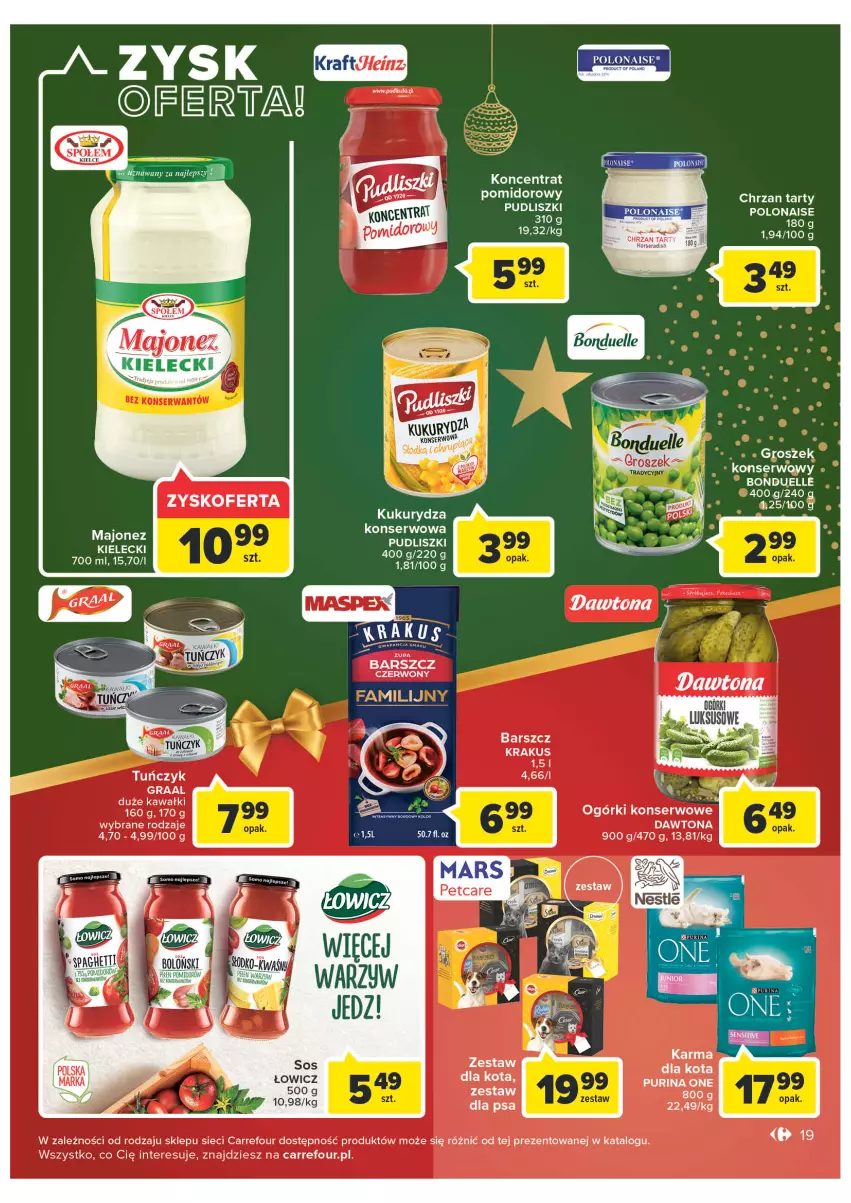 Gazetka promocyjna Carrefour - Gazetke Carrefour - ważna 12.12 do 18.12.2022 - strona 19 - produkty: Bonduelle, Chrzan, Dada, Dawtona, Gra, Graal, Groszek, Koncentrat pomidorowy, Krakus, Kukurydza, Kukurydza konserwowa, Majonez, Ogórki konserwowe, Pudliszki, Pur, Purina, Ser, Tuńczyk