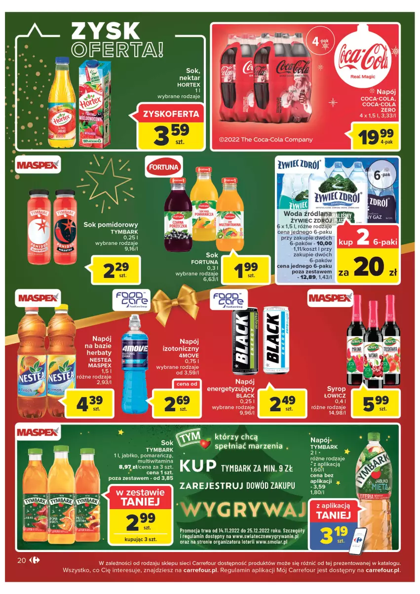 Gazetka promocyjna Carrefour - Gazetke Carrefour - ważna 12.12 do 18.12.2022 - strona 20 - produkty: Coca-Cola, Fortuna, Gry, Hortex, Kosz, Lack, LANA, LG, Mola, Napój, Napój izotoniczny, Nestea, Sok, Tymbark, Woda