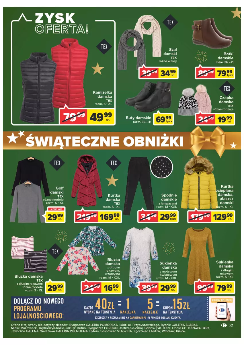 Gazetka promocyjna Carrefour - Gazetke Carrefour - ważna 12.12 do 18.12.2022 - strona 31 - produkty: Botki, Buty, Fa, Gra, Kamizelka, Klej, Lampa, Płaszcz, Sos, Spodnie, Sukienka, Szal