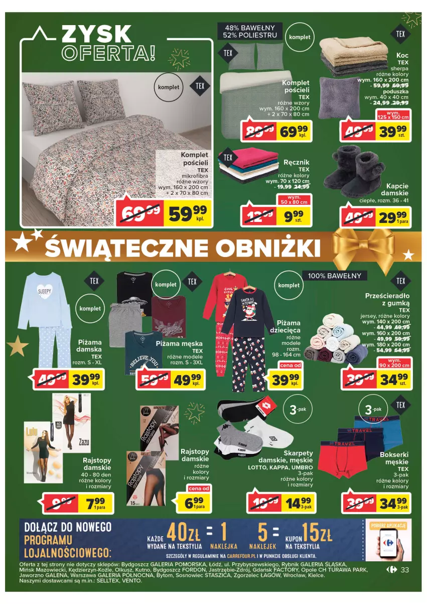 Gazetka promocyjna Carrefour - Gazetke Carrefour - ważna 12.12 do 18.12.2022 - strona 33 - produkty: Bokserki, Dzieci, Fa, Kapcie, Karp, Komplet pościeli, Piżama, Pościel, Prześcieradło, Rajstopy, Ser, Sos, Top