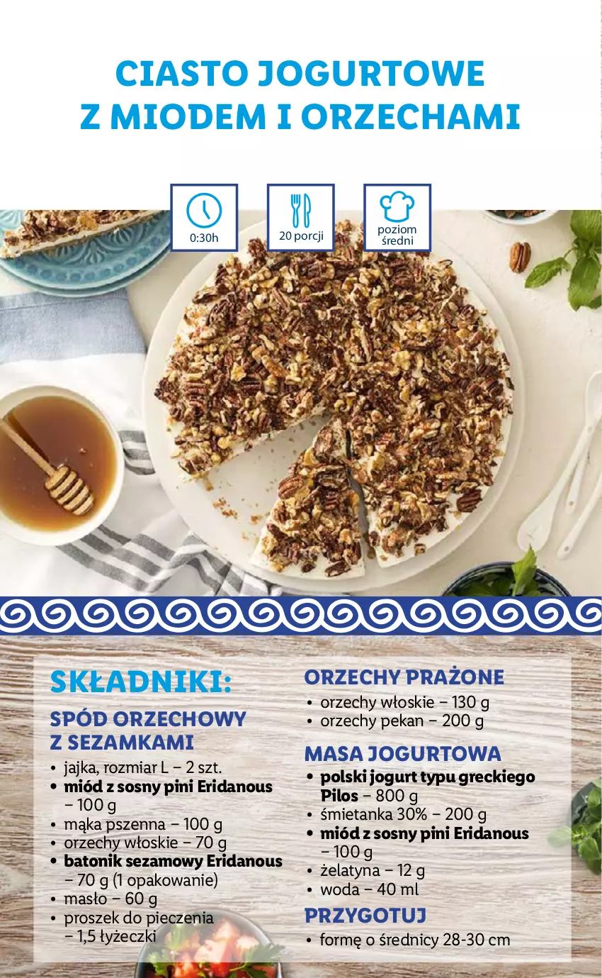 Gazetka promocyjna Lidl - KATALOG ŚWIĄTECZNY Z KOSMETYKAMI - ważna 25.11 do 24.12.2021 - strona 18 - produkty: Baton, Ciasto jogurtowe, Jogurt, Mąka, Mąka pszenna, Masło, Miód, Orzechy włoskie, Piec, Pilos, Por, Proszek do pieczenia, Sezam, Sos, Tonik, Woda