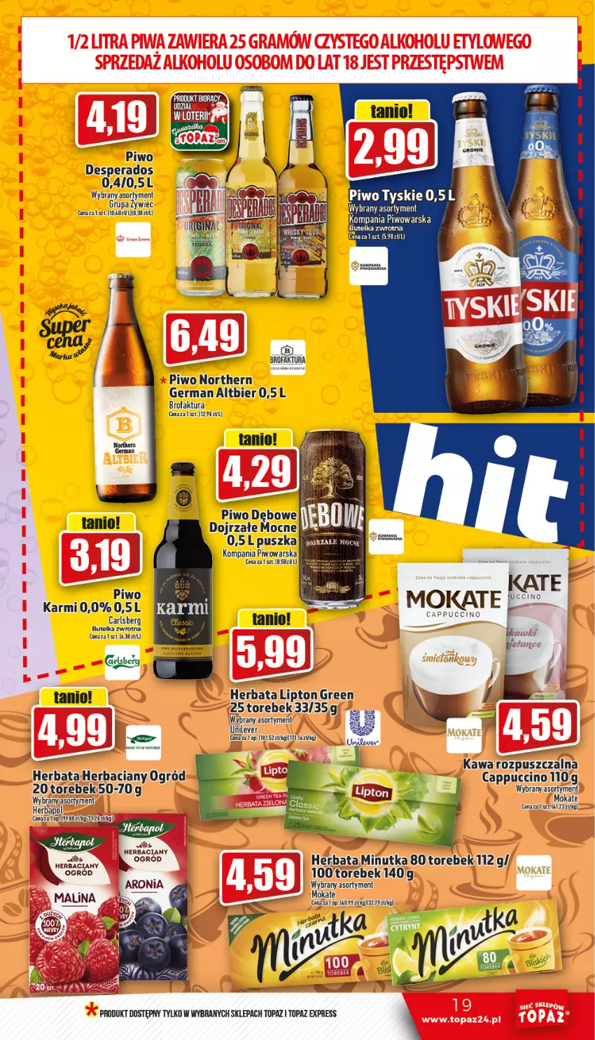 Gazetka promocyjna Topaz - Gazetka - ważna 19.01 do 25.01.2023 - strona 19 - produkty: Aronia, Cappuccino, Fa, Herbapol, Herbata, Karmi, Kawa, Kawa rozpuszczalna, Lipton, Ogród, Piwo, Top, Tyskie