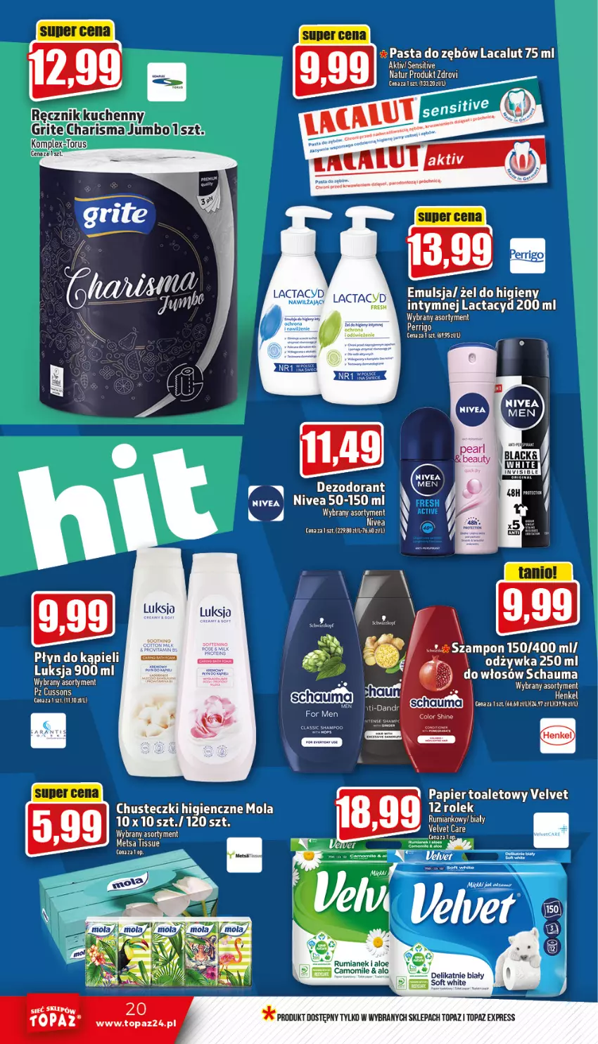 Gazetka promocyjna Topaz - Gazetka - ważna 19.01 do 25.01.2023 - strona 20 - produkty: Chusteczki, Dezodorant, Emulsja, Lactacyd, Luksja, Mola, Nivea, Papier, Papier toaletowy, Płyn do kąpieli, Rum, Schauma, Szampon, Top, Velvet