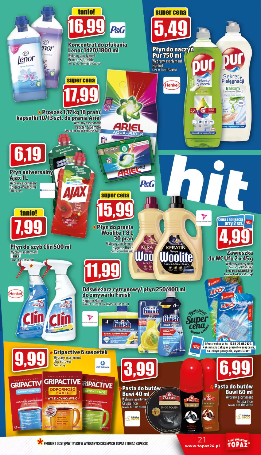 Gazetka promocyjna Topaz - Gazetka - ważna 19.01 do 25.01.2023 - strona 21 - produkty: Ajax, Ariel, Clin, Colgate, Finish, HP, LG, Palmolive, Płyn do szyb, Premiere, Pur, Top, Woolite, Zmywarki