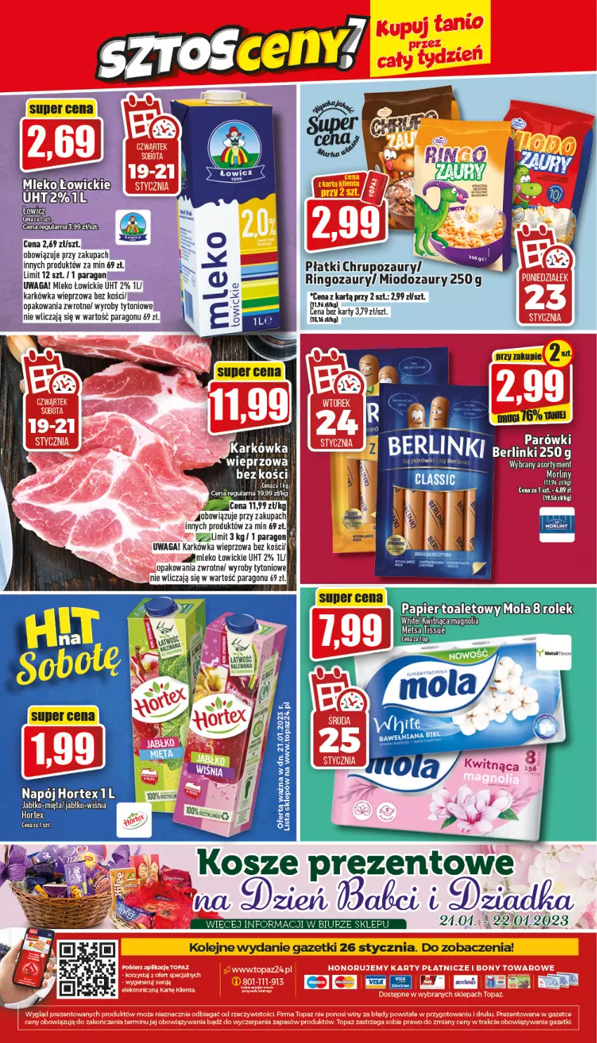 Gazetka promocyjna Topaz - Gazetka - ważna 19.01 do 25.01.2023 - strona 24 - produkty: Hortex, Karkówka wieprzowa, Kosz, Mięta, Mleko, Mola, Napój, Olej, Papier, Top, Waga