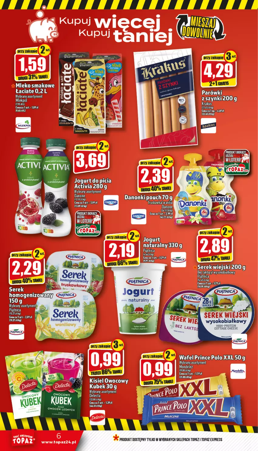 Gazetka promocyjna Topaz - Gazetka - ważna 19.01 do 25.01.2023 - strona 6 - produkty: Danone, Danonki, Jogurt, Jogurt naturalny, Piątnica, Prince Polo, Probiotyk, Sok, Top